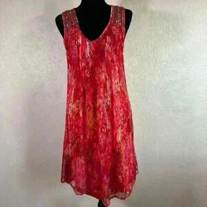Alberto Makali Floral Gauzy Double Lined Silver Sequin Pink Sleeveless Dress XL